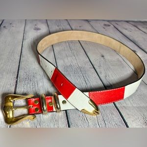 B.B. Simon Belt. Red & White with Gold Buckle & End Tip. Genuine Leather. Size L